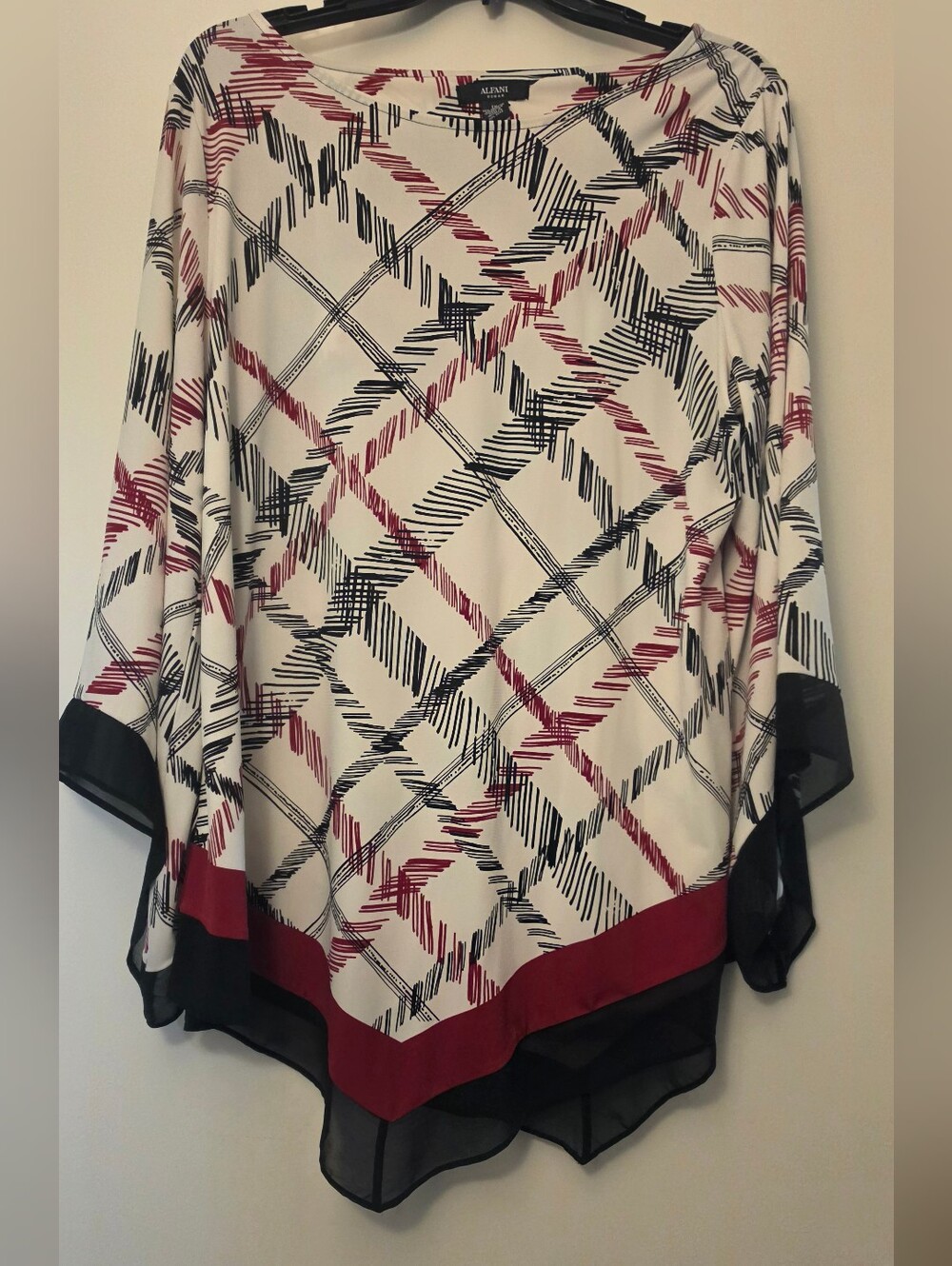 Alfani White Abstract Plaid Poncho Top with Red & Black Trim